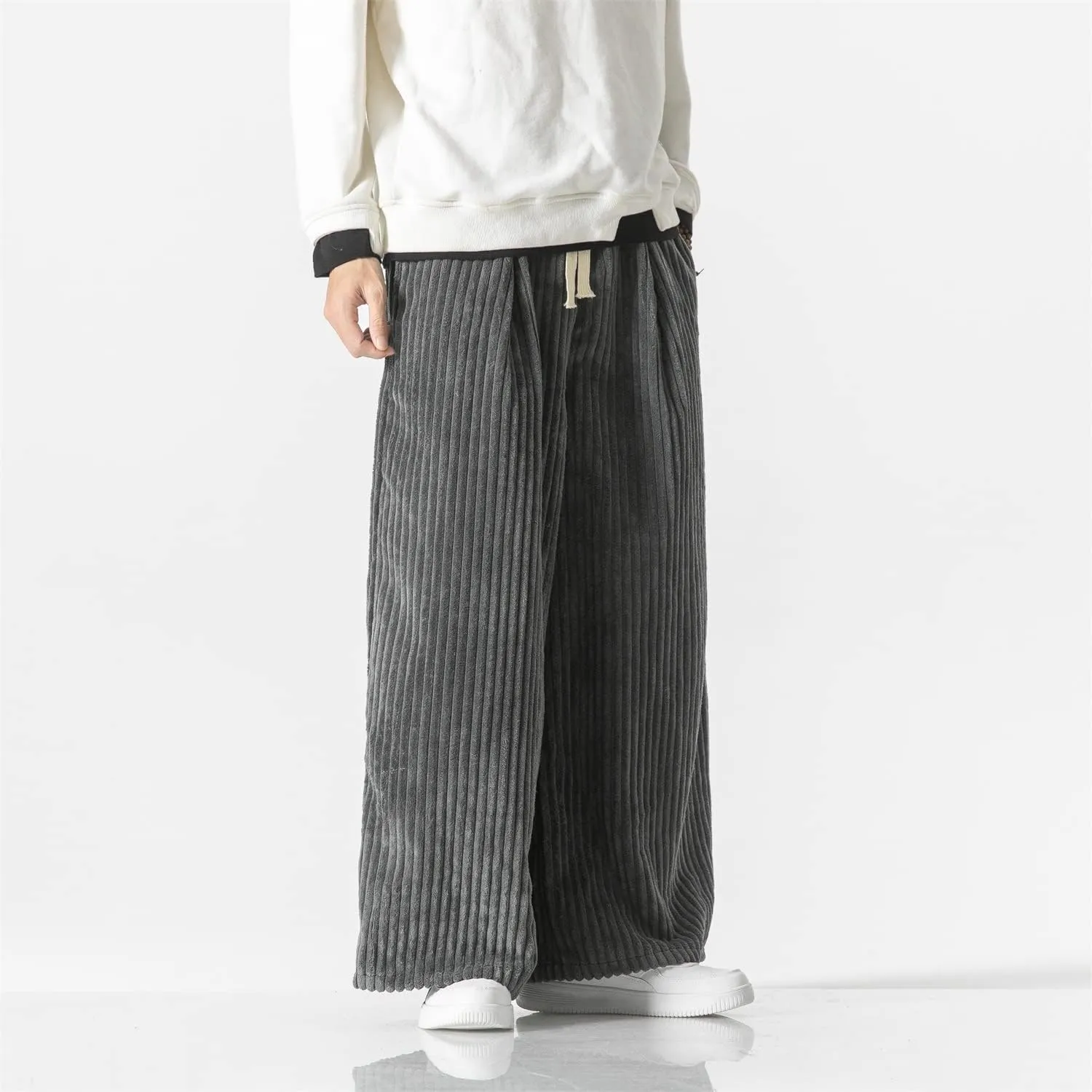 Seidarise Men's Corduroy Pants Straight Baggy Wide Leg Stretch Elastic Waist Drawstring Relaxed Fit Trousers Pant