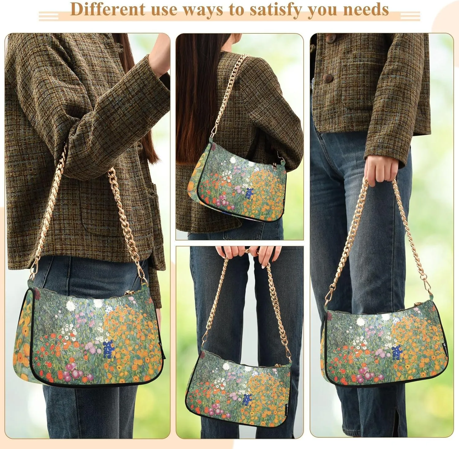 Shoulder Bags for Women, Gustav Klimt Flower Garden Hobo Tote Handbag wallet Mini Purse with Zipper
