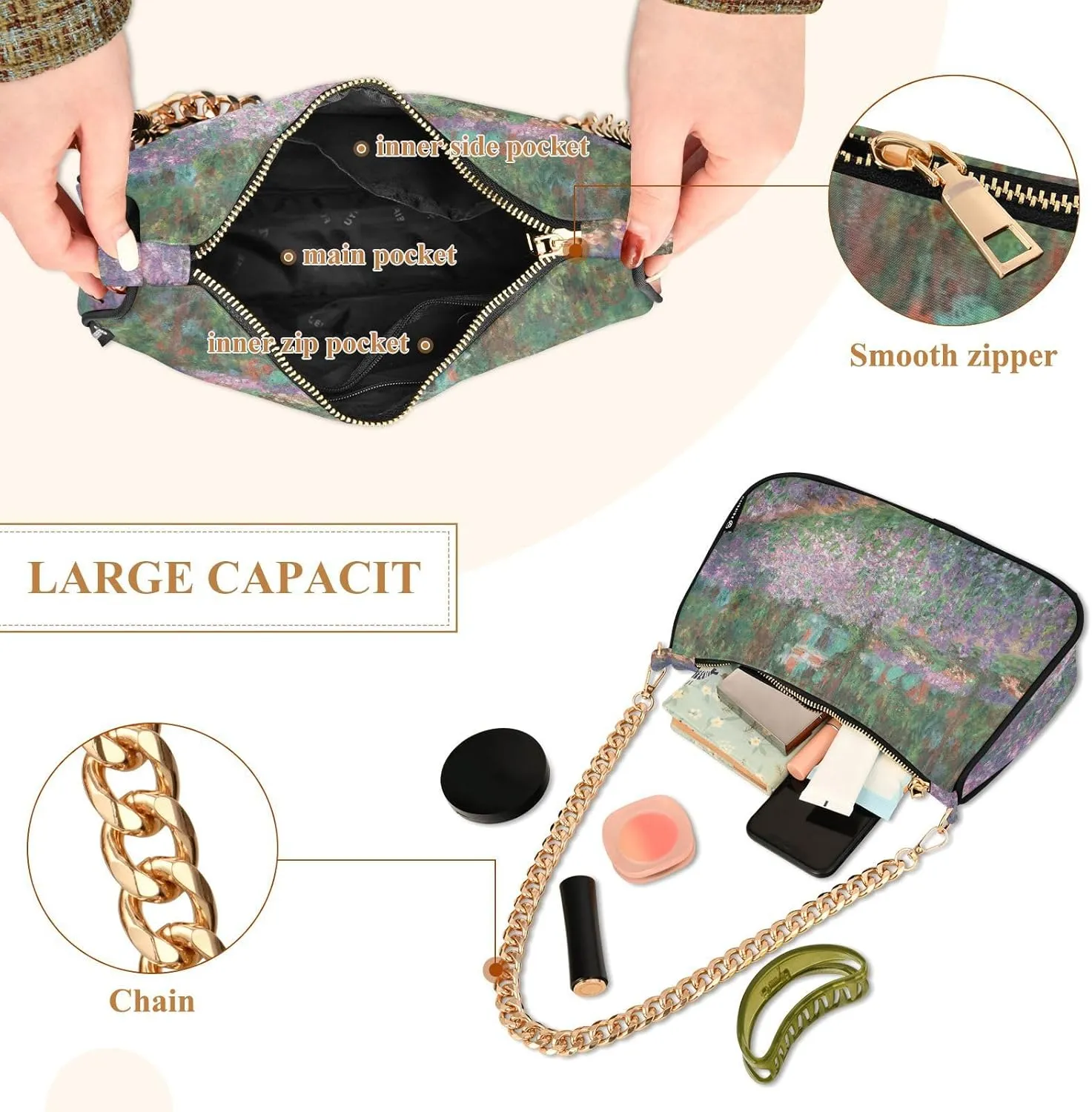 Shoulder Bags for Women, Monet's Garden Hobo Tote Handbag wallet Mini Purse with Zipper