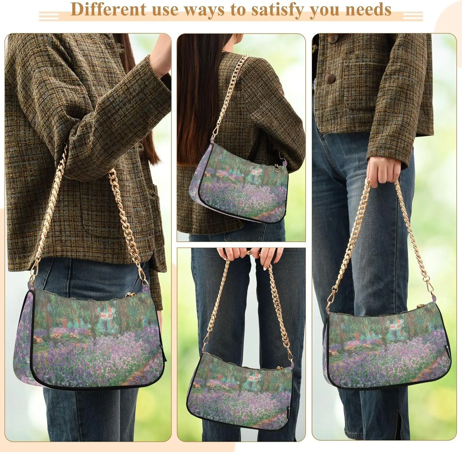 Shoulder Bags for Women, Monet's Garden Hobo Tote Handbag wallet Mini Purse with Zipper