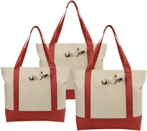 Simpli-Magic Stylish Canvas Tote Bag with an External Pocket, Top Zipper Closure, Daily Essentials, 3 Pack, 20" x 15" x 6", Red/Natural
