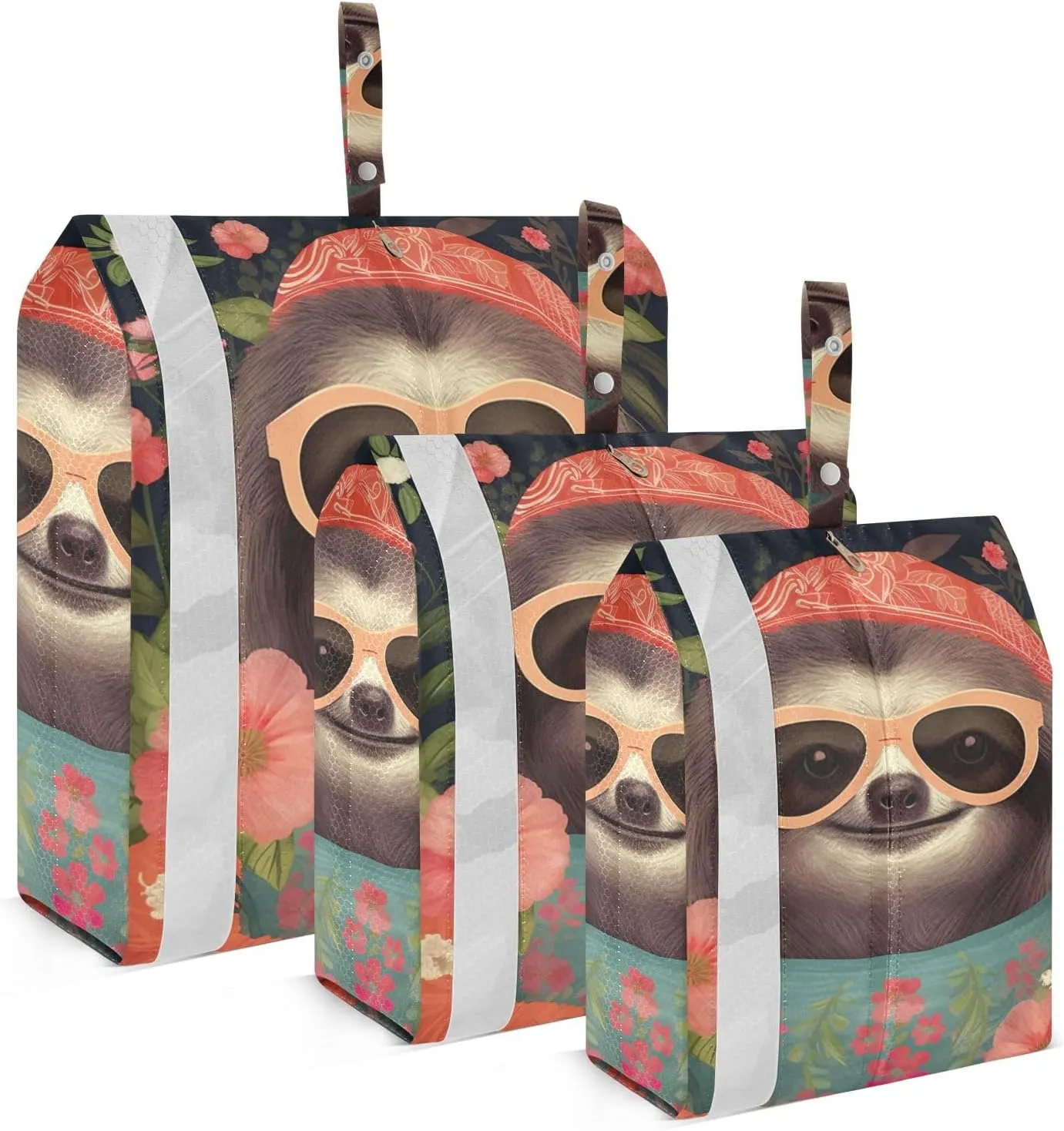 Sloth and Flowers Packing Cubes Set of 3, Lightweight Travel Luggage Organizers Foldable Bags for Easy Packing and Organization