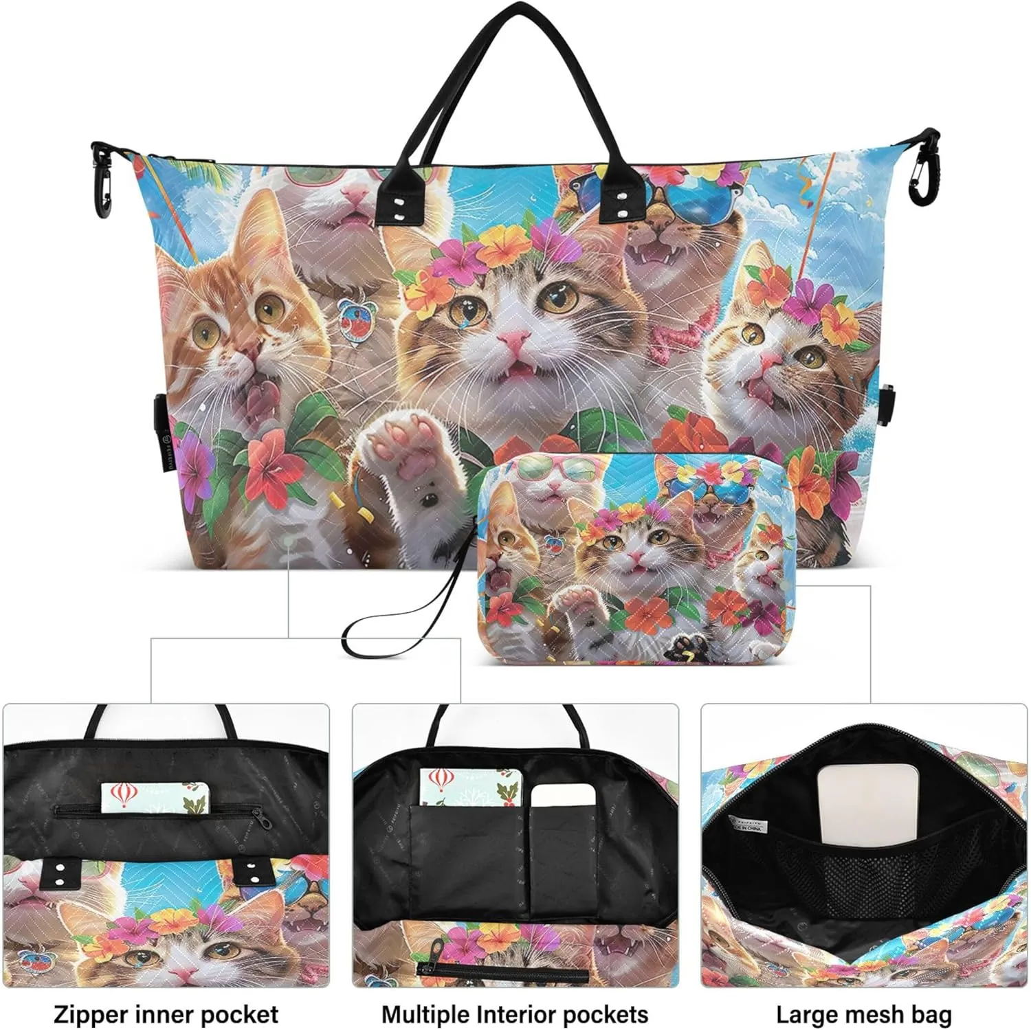 Smiling Cats Hawaiian Funny Duffle Travel Bags Toiletry Bags Set of 2, Art Womens Gym Tote Carry on Tote