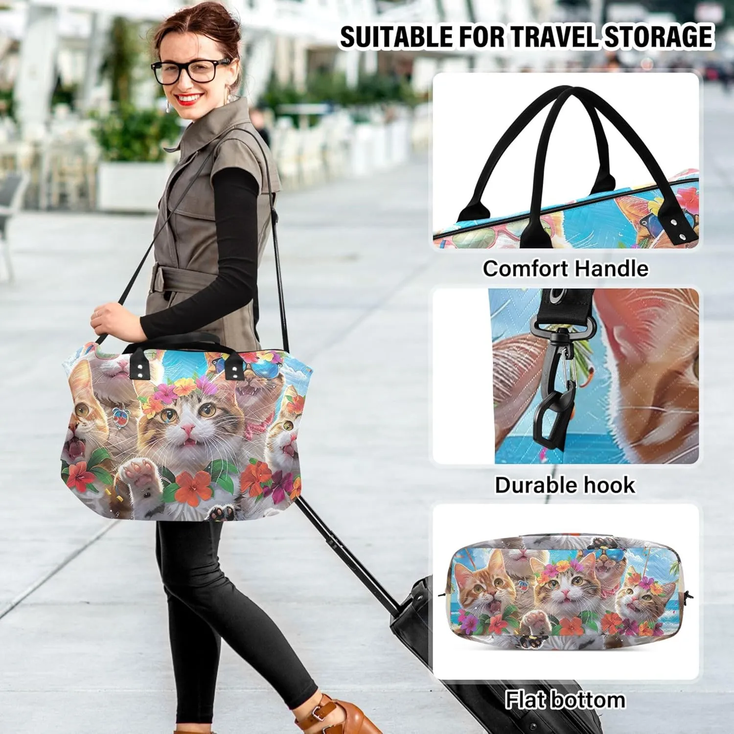 Smiling Cats Hawaiian Funny Duffle Travel Bags Toiletry Bags Set of 2, Art Womens Gym Tote Carry on Tote