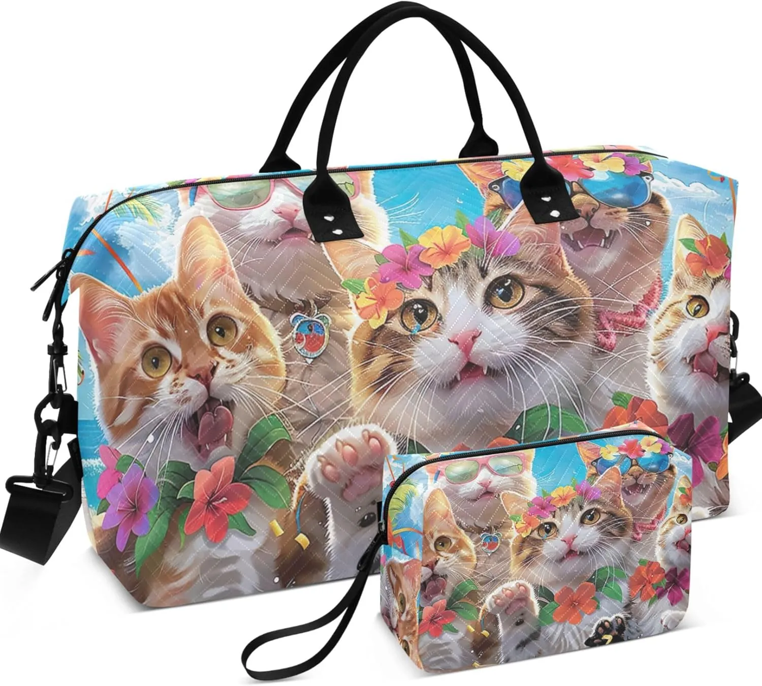 Smiling Cats Hawaiian Funny Duffle Travel Bags Toiletry Bags Set of 2, Art Womens Gym Tote Carry on Tote