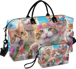 Smiling Cats Hawaiian Funny Duffle Travel Bags Toiletry Bags Set of 2, Art Womens Gym Tote Carry on Tote