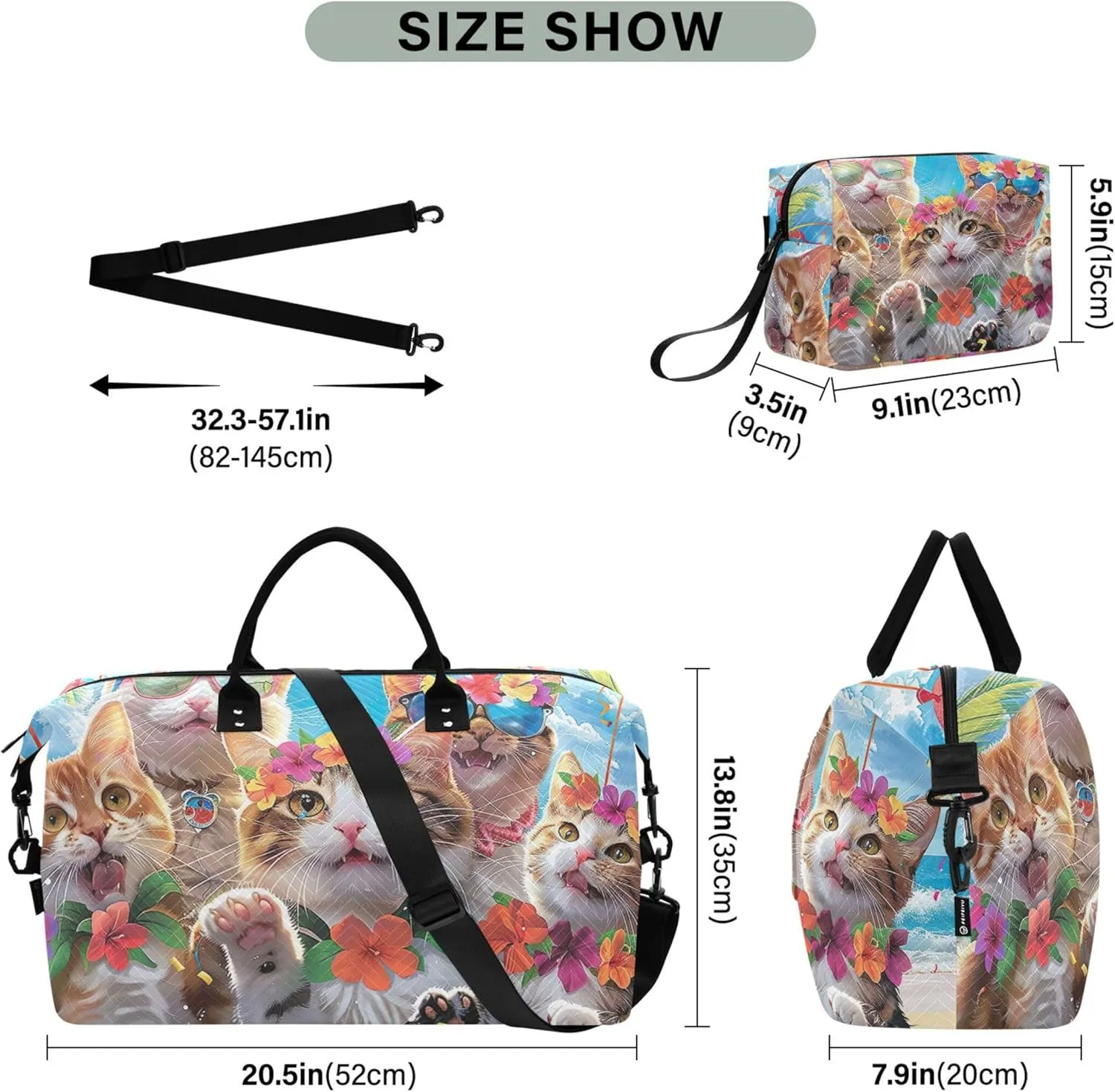 Smiling Cats Hawaiian Funny Duffle Travel Bags Toiletry Bags Set of 2, Art Womens Gym Tote Carry on Tote
