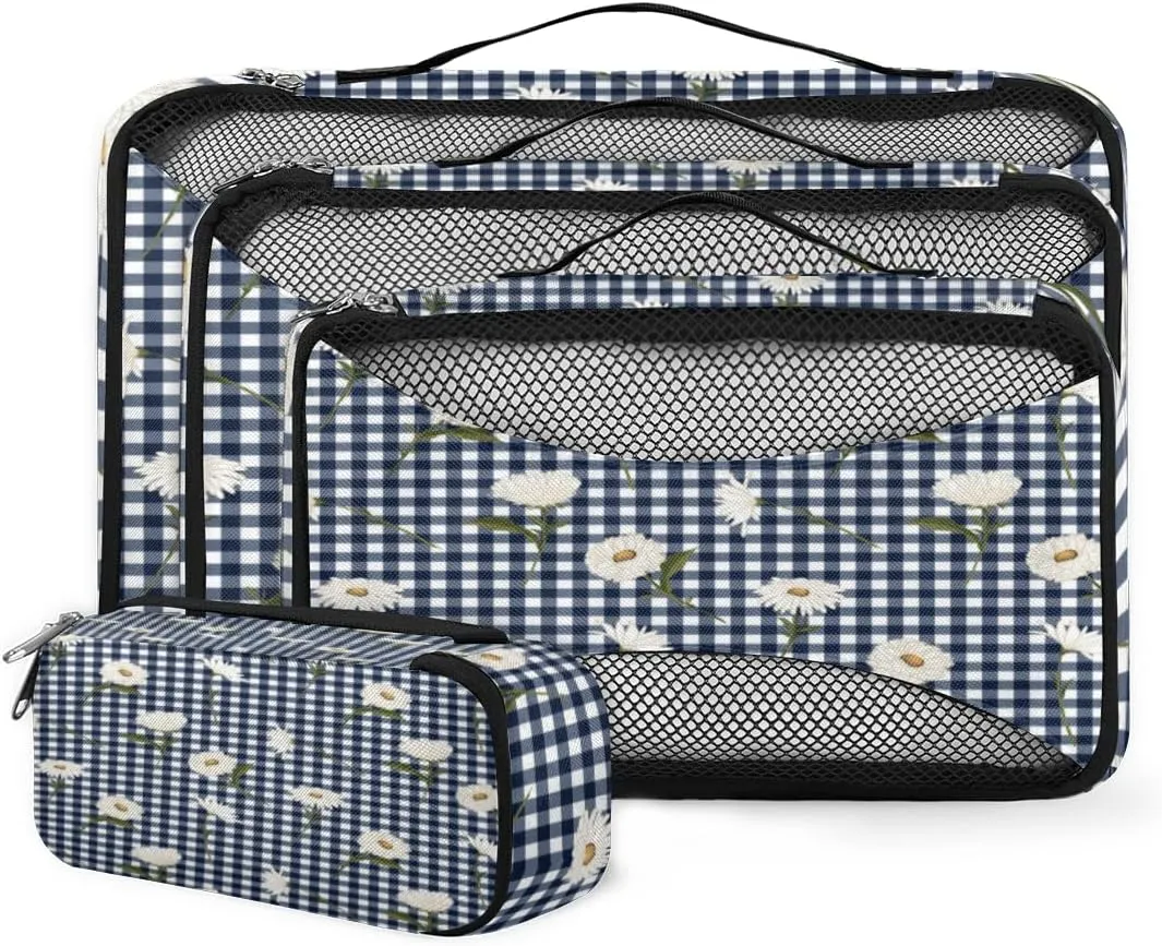 Softy White Floral 4 Piece Packing Travel Organizer Cubes Set Mesh Fabric Ventilate Design Lightweight Travel Accessories 4 Sizes (Extra Large, Large, Medium, Small)