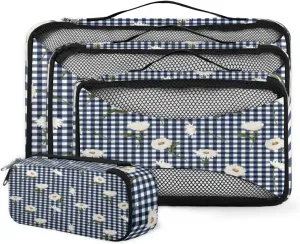 Softy White Floral 4 Piece Packing Travel Organizer Cubes Set Mesh Fabric Ventilate Design Lightweight Travel Accessories 4 Sizes (Extra Large, Large, Medium, Small)