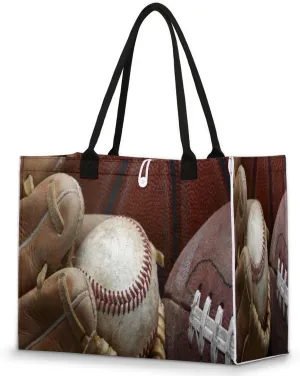 Sports Basketball Baseball Football Tote Bag for Women Large Beach Bag Reusable Grocery Bags Tote Bag for Work Shopping Travel Beach