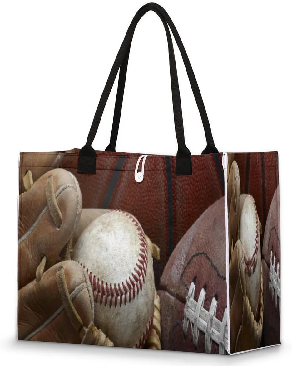 Sports Basketball Baseball Football Tote Bag for Women Large Beach Bag Reusable Grocery Bags Tote Bag for Work Shopping Travel Beach