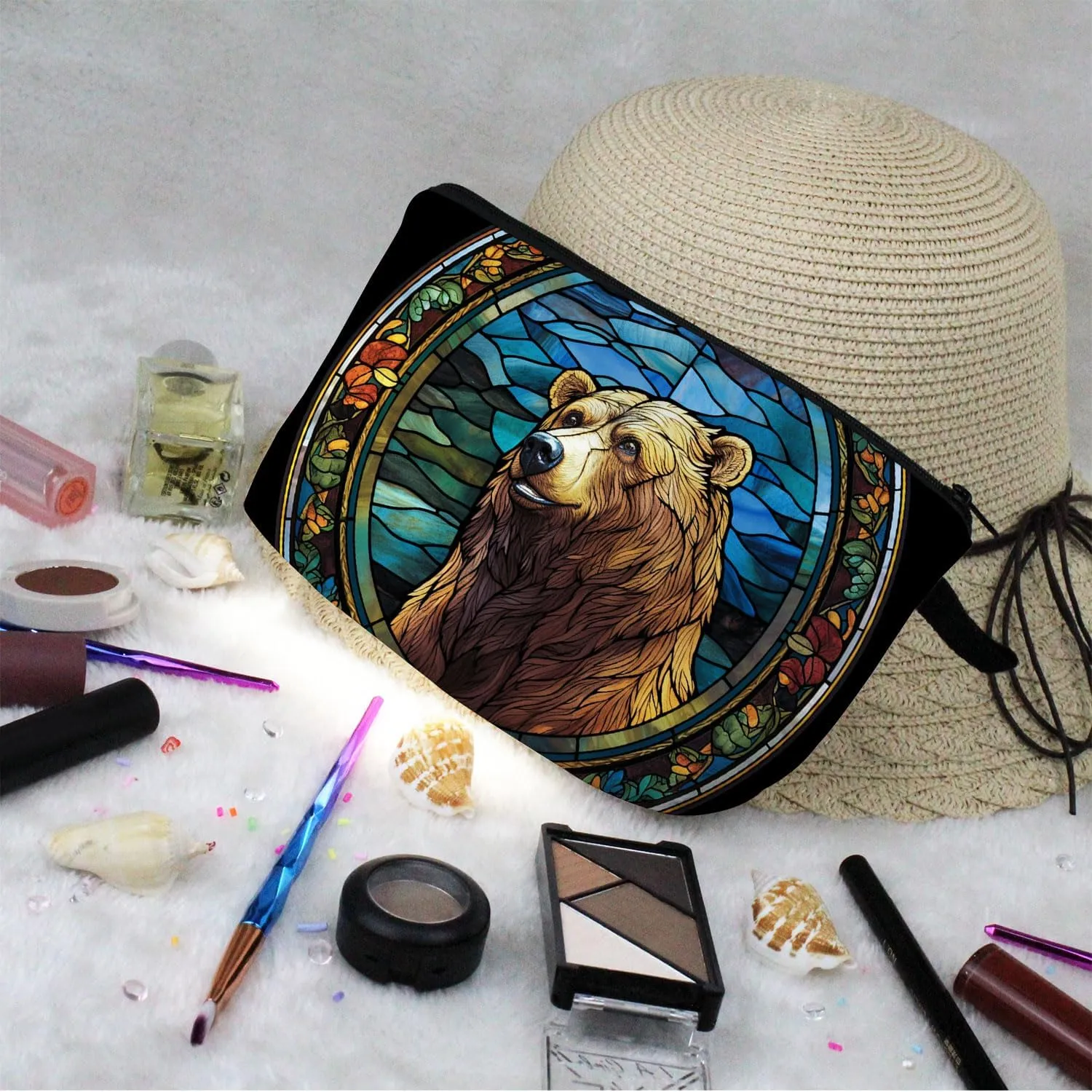 Stained Glass Bear Makeup Bag Brown Bear Cute Small Organizer Bag Zipper Pouch Stained Glass Design Bear Cosmetic Bag Present for Women Friends
