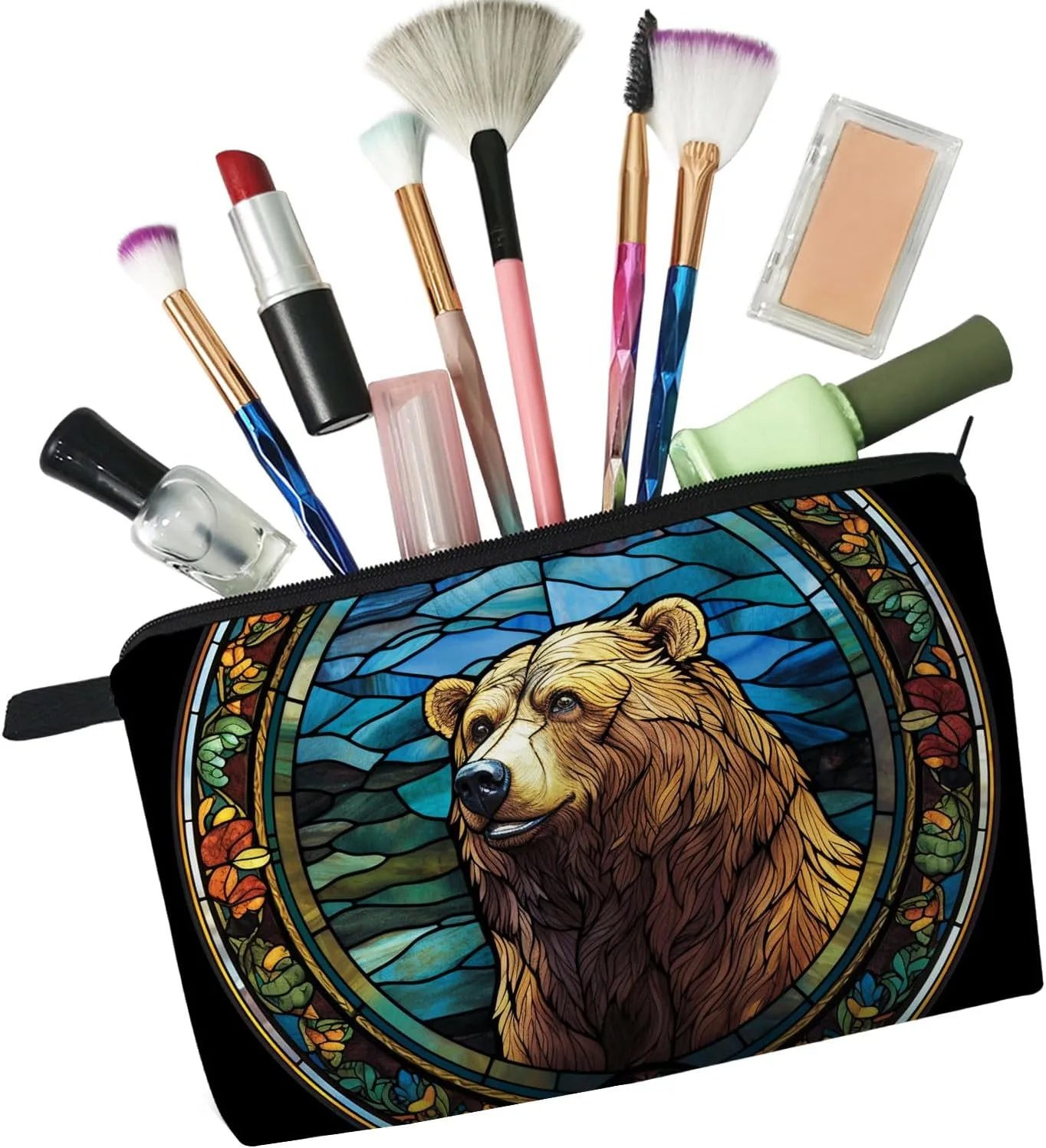 Stained Glass Bear Makeup Bag Brown Bear Cute Small Organizer Bag Zipper Pouch Stained Glass Design Bear Cosmetic Bag Present for Women Friends