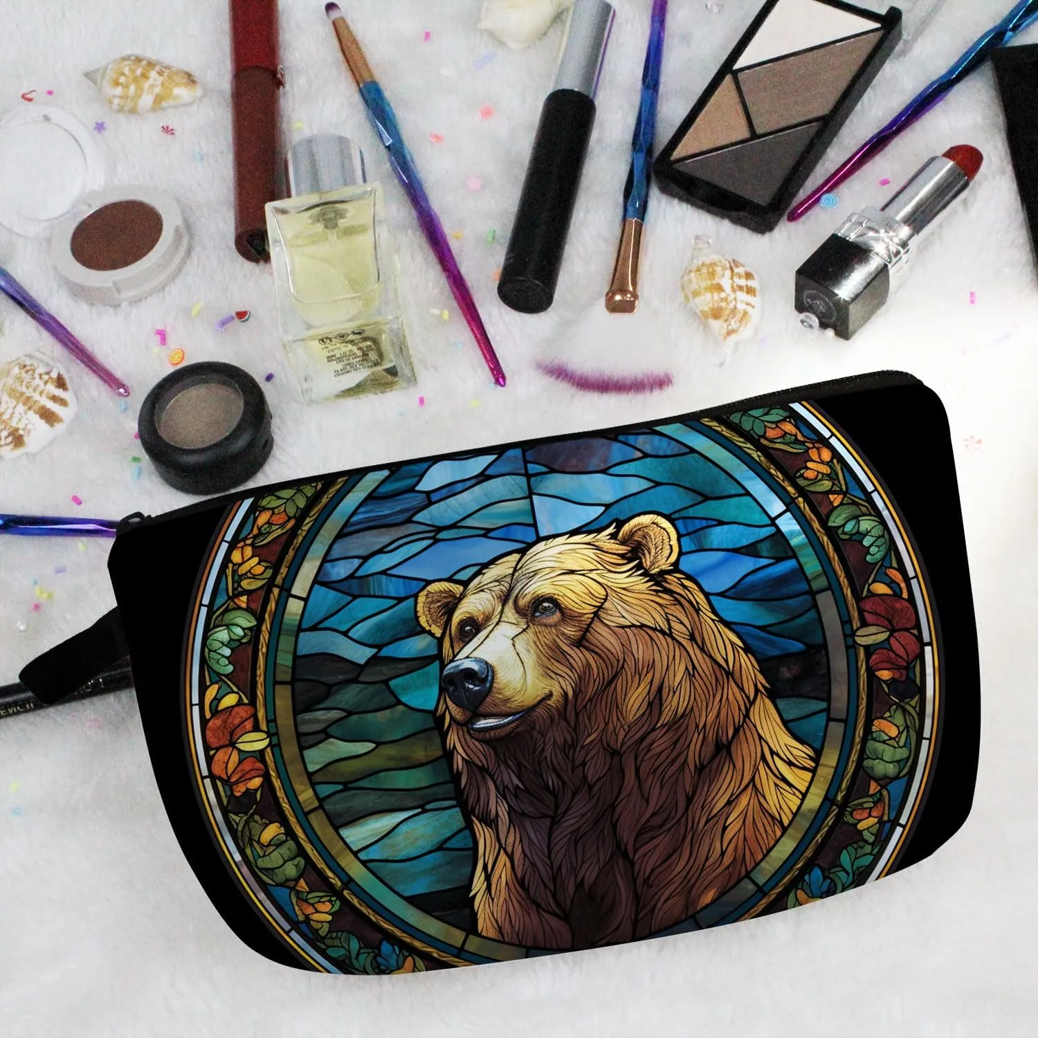 Stained Glass Bear Makeup Bag Brown Bear Cute Small Organizer Bag Zipper Pouch Stained Glass Design Bear Cosmetic Bag Present for Women Friends