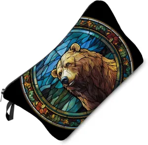 Stained Glass Bear Makeup Bag Brown Bear Cute Small Organizer Bag Zipper Pouch Stained Glass Design Bear Cosmetic Bag Present for Women Friends