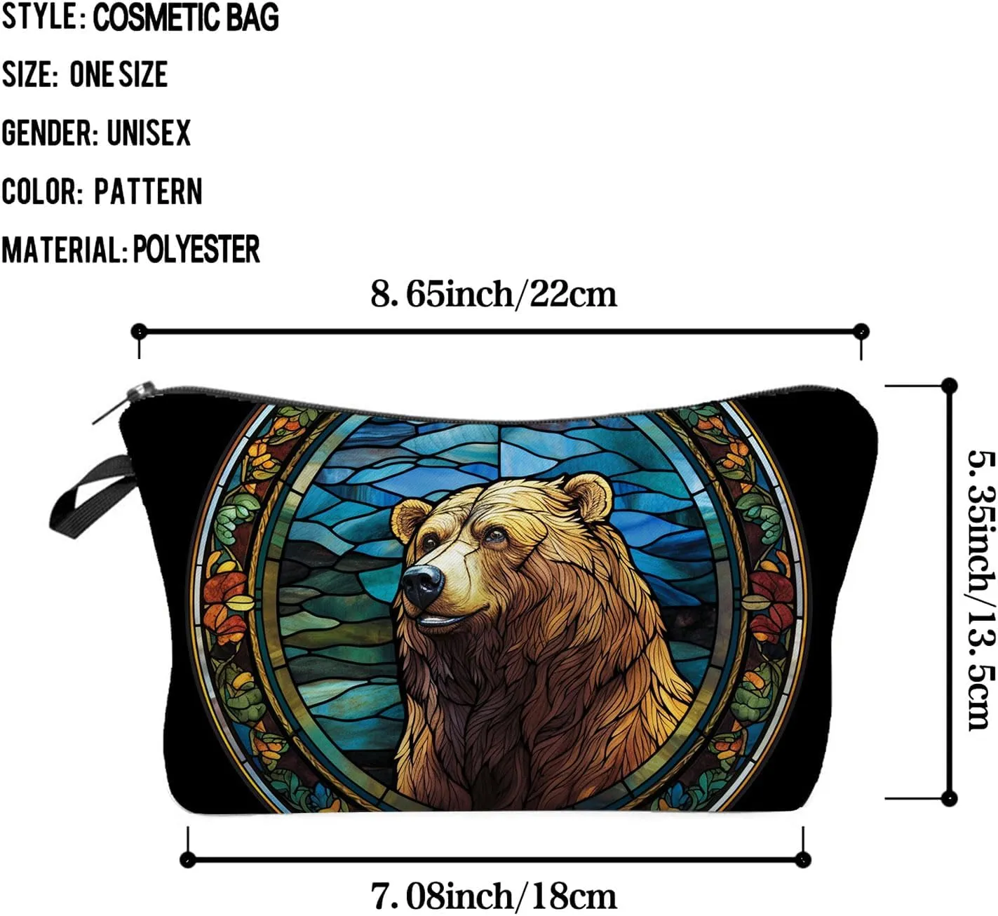 Stained Glass Bear Makeup Bag Brown Bear Cute Small Organizer Bag Zipper Pouch Stained Glass Design Bear Cosmetic Bag Present for Women Friends