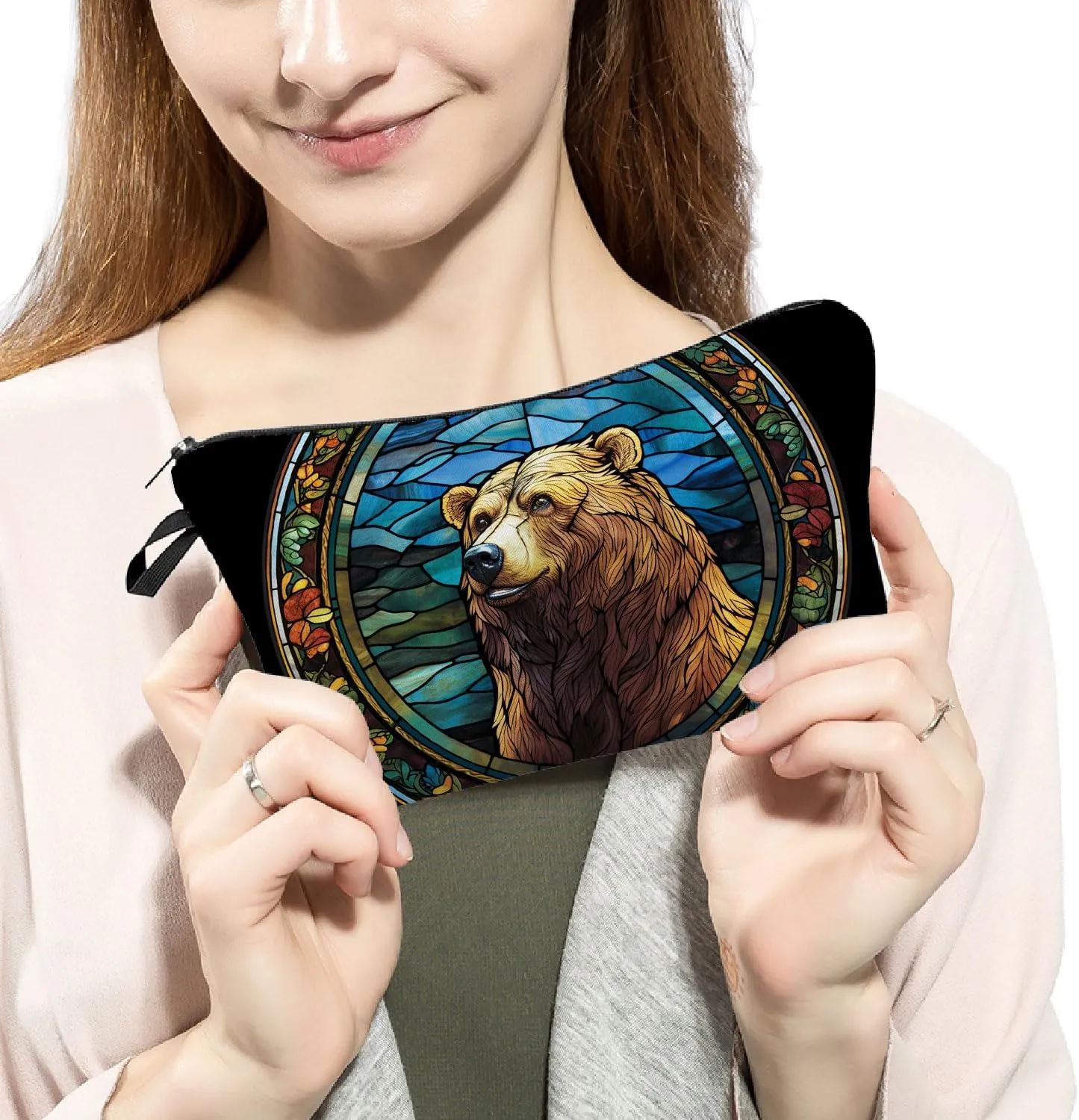 Stained Glass Bear Makeup Bag Brown Bear Cute Small Organizer Bag Zipper Pouch Stained Glass Design Bear Cosmetic Bag Present for Women Friends