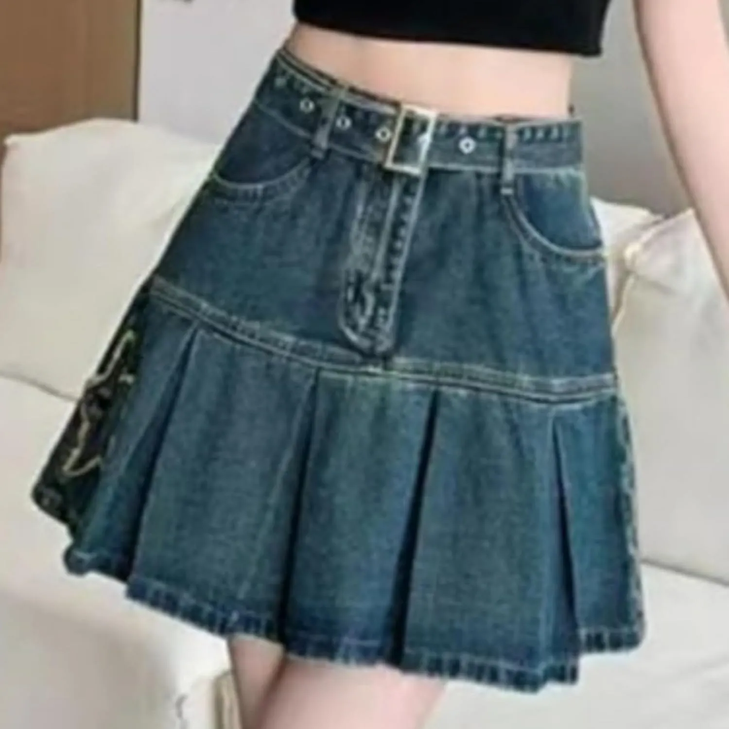 Star Patch Denim Skirt with Belt Ruffle Mini High Waisted Y2k Streetwear Cute Trendy Jean Summer Skirts
