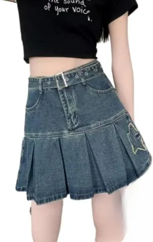 Star Patch Denim Skirt with Belt Ruffle Mini High Waisted Y2k Streetwear Cute Trendy Jean Summer Skirts