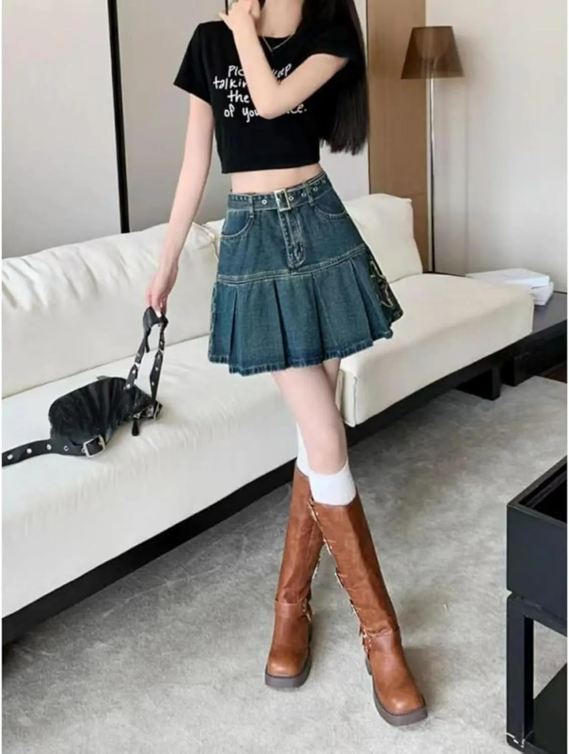 Star Patch Denim Skirt with Belt Ruffle Mini High Waisted Y2k Streetwear Cute Trendy Jean Summer Skirts