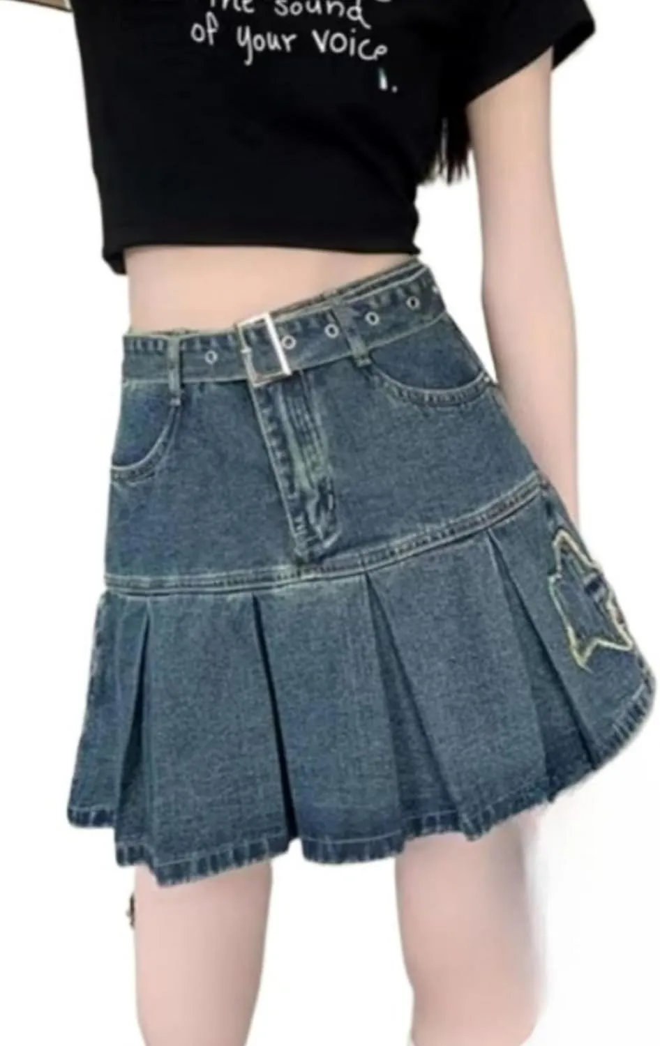 Star Patch Denim Skirt with Belt Ruffle Mini High Waisted Y2k Streetwear Cute Trendy Jean Summer Skirts
