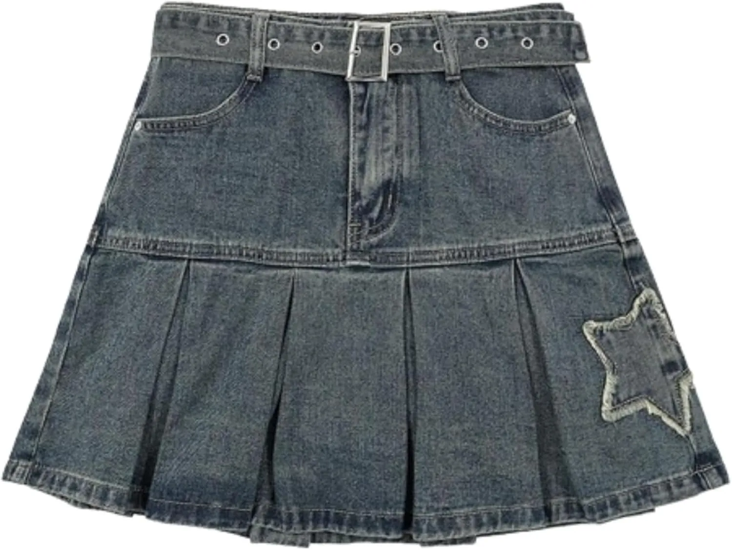 Star Patch Denim Skirt with Belt Ruffle Mini High Waisted Y2k Streetwear Cute Trendy Jean Summer Skirts