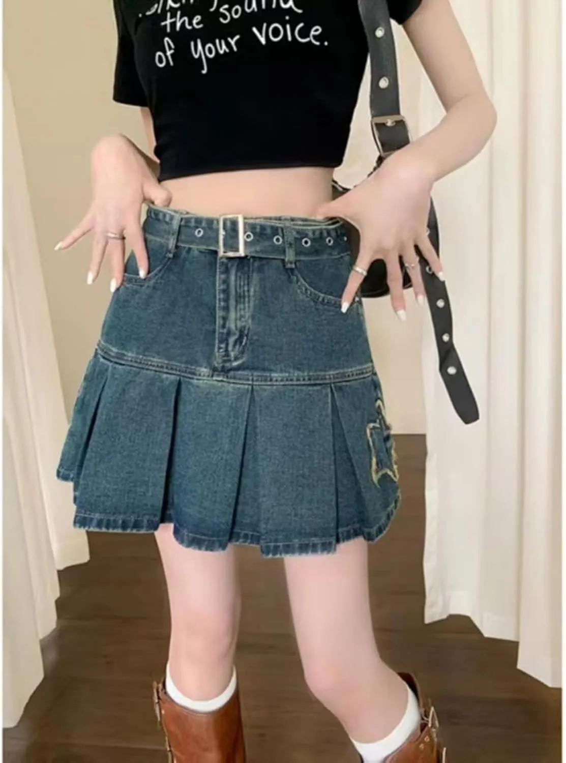 Star Patch Denim Skirt with Belt Ruffle Mini High Waisted Y2k Streetwear Cute Trendy Jean Summer Skirts