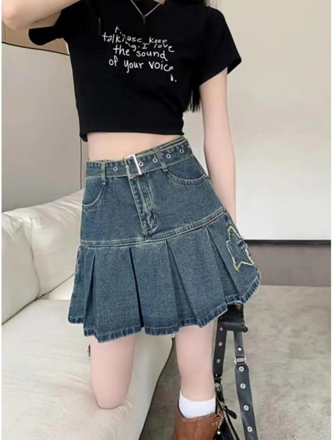 Star Patch Denim Skirt with Belt Ruffle Mini High Waisted Y2k Streetwear Cute Trendy Jean Summer Skirts