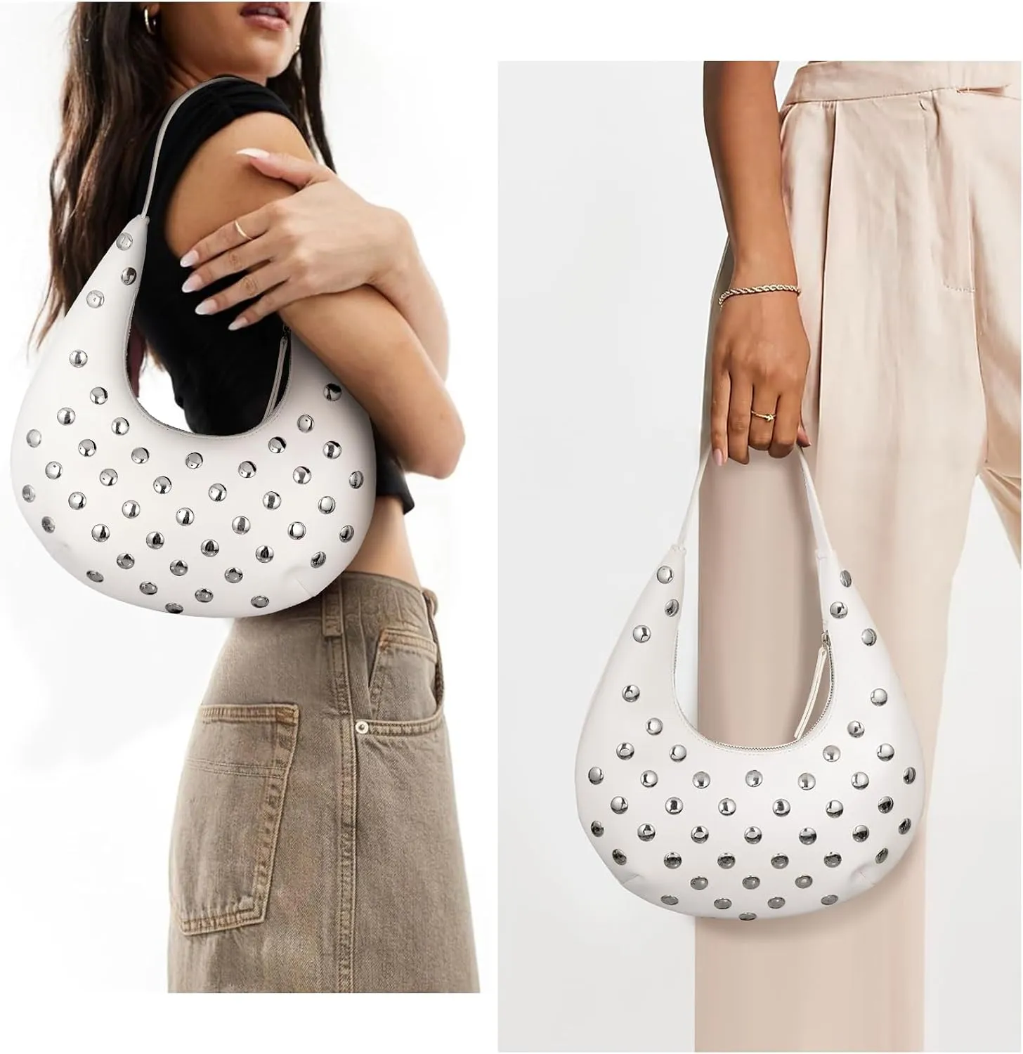 Studded Purse Y2k Bag Small Shoulder Bags for Women Trendy Crescent Studded Handbag Hobo Underarm Bag