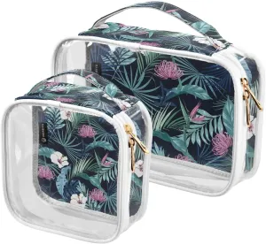 Stylish-dark-tropical-flower Print 2 Pack Clear Toiletry Bag Women Men, Portable Waterproof Clear Pouch, Cosmetic Bag with Double Zippers Large Opening Traveling with Handle for Bathroom Traveling Vac