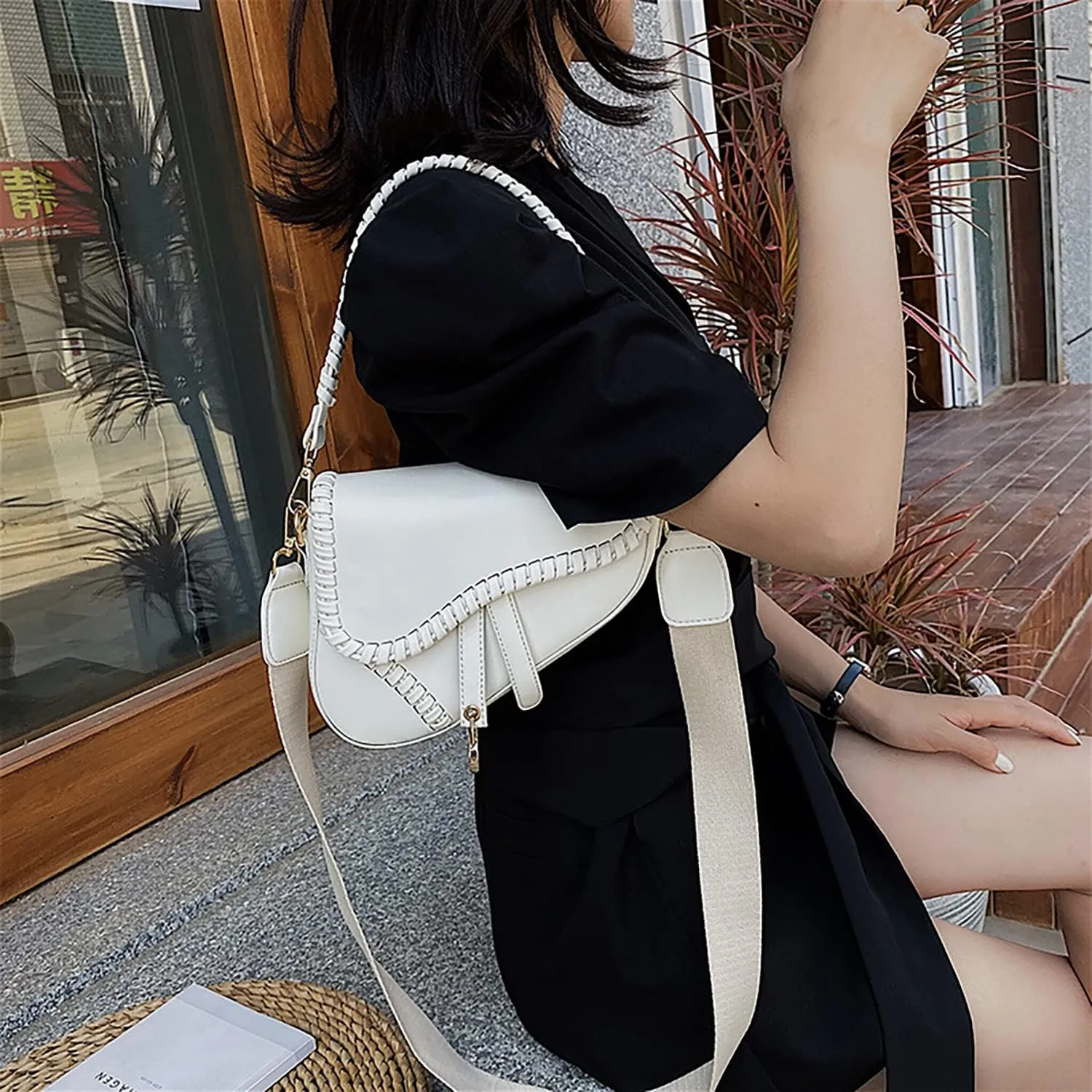 Stylish Saddle Shoulder Bag For Women,Casual Underarm Clutch Purse,Braided Handbag Satchel,PU Leather Crossbody Bag