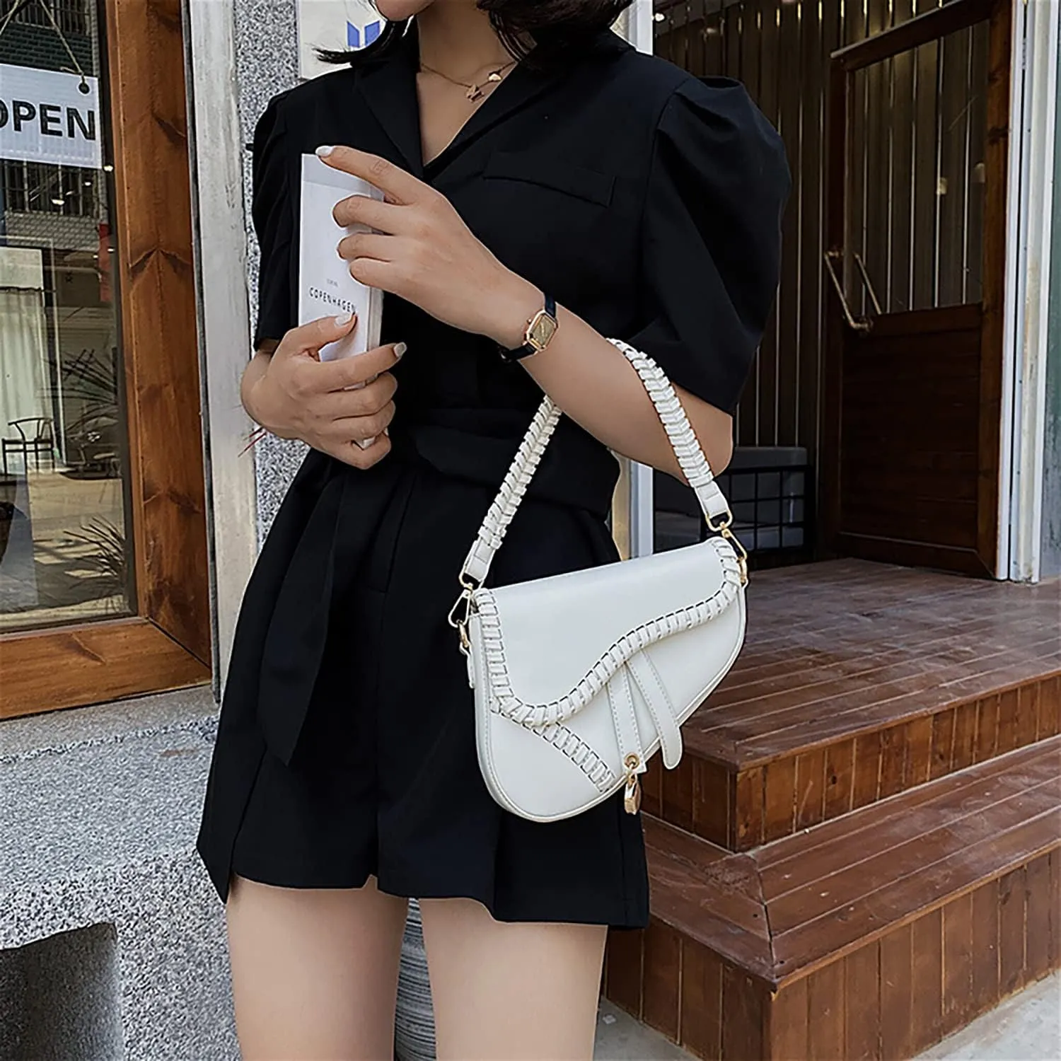 Stylish Saddle Shoulder Bag For Women,Casual Underarm Clutch Purse,Braided Handbag Satchel,PU Leather Crossbody Bag