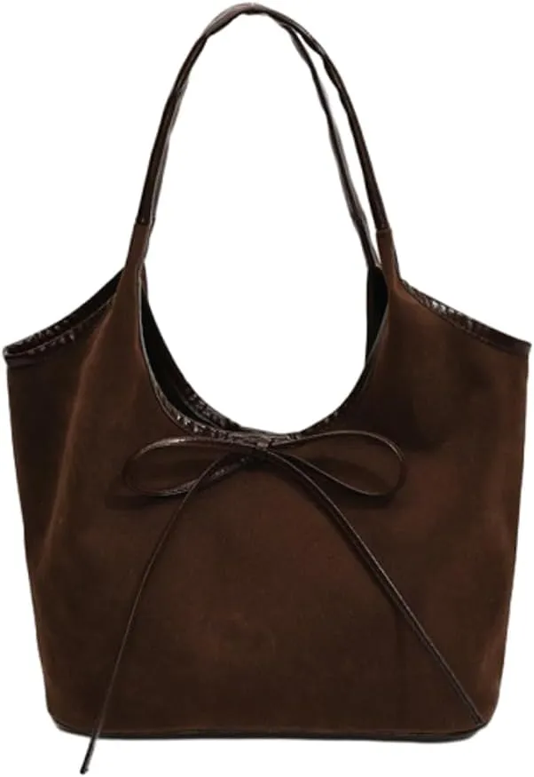 Suede Tote Bags for Women Suede Bow-Tie Shoulder Bag Ladies Womens Hobo Bag Purse Top Handle Handbag Office Tote Travel Tote