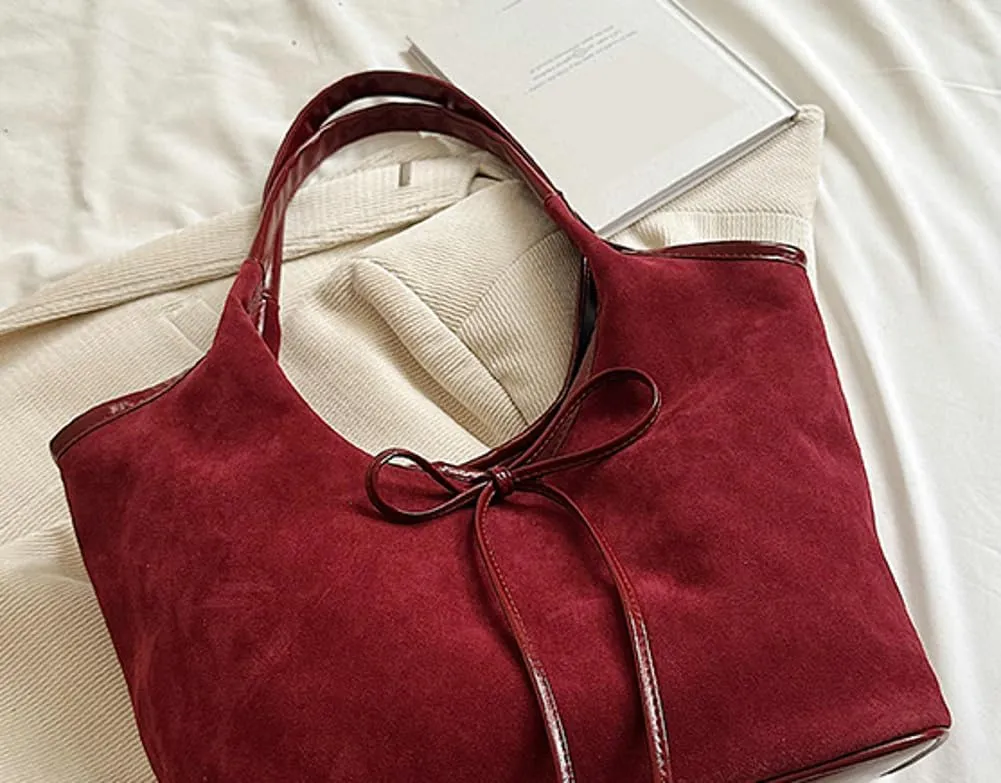 Suede Tote Bags for Women Suede Bow-Tie Shoulder Bag Ladies Womens Hobo Bag Purse Top Handle Handbag Office Tote Travel Tote