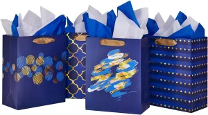 SUNCOLOR 4 Pack 9" Small Gift Bags for Christmas/Father's Day/Party Bags With Tissue Paper(Blue)