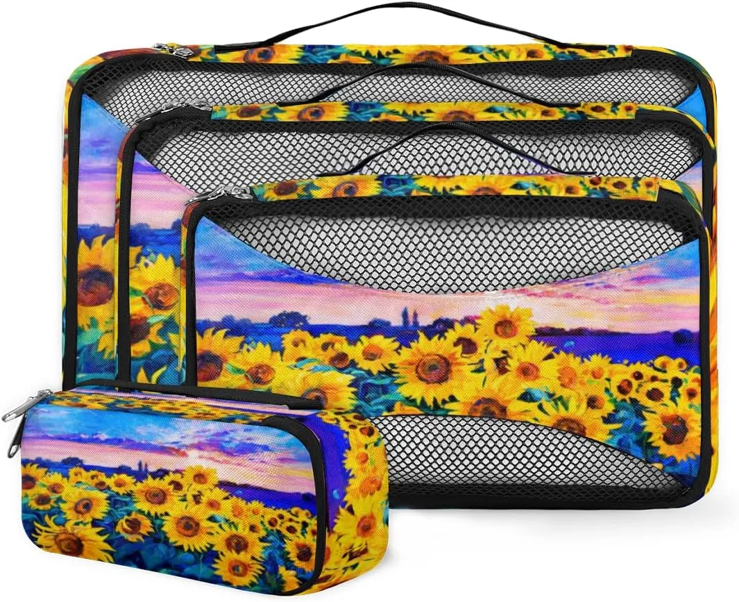 Sunflower Painting 4 Piece Packing Travel Organizer Cubes Set Mesh Fabric Ventilate Design Lightweight Travel Accessories 4 Sizes (Extra Large, Large, Medium, Small)