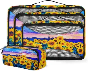 Sunflower Painting 4 Piece Packing Travel Organizer Cubes Set Mesh Fabric Ventilate Design Lightweight Travel Accessories 4 Sizes (Extra Large, Large, Medium, Small)