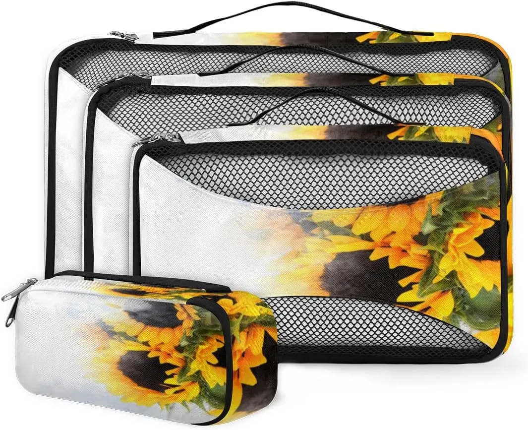 Sunflowers 4 Piece Packing Travel Organizer Cubes Set Mesh Fabric Ventilate Design Lightweight Travel Accessories 4 Sizes (Extra Large, Large, Medium, Small)