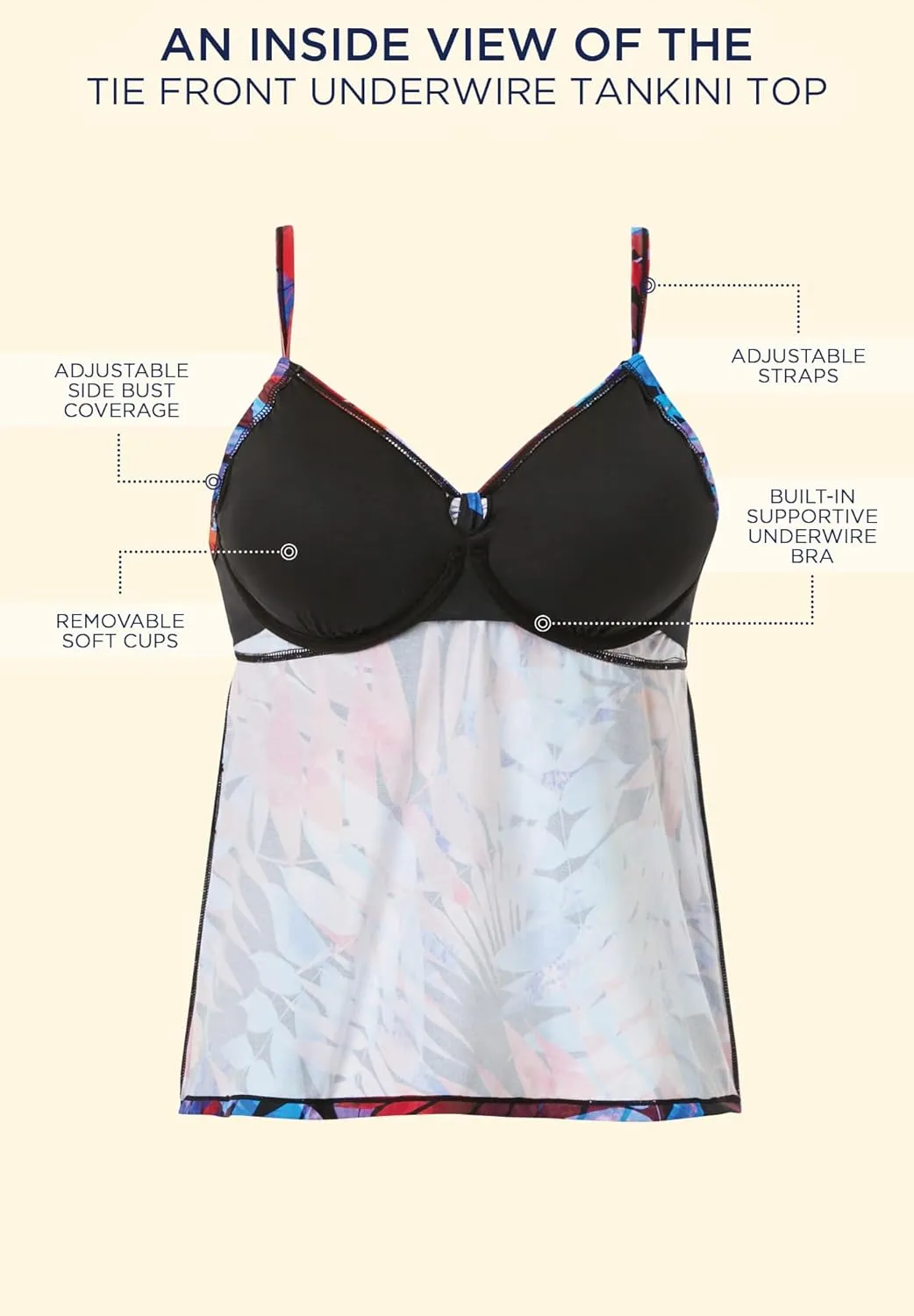 Swimsuits For All Women's Plus Size Adjustable Relaxed Fit Tie Front Underwire Tankini Top