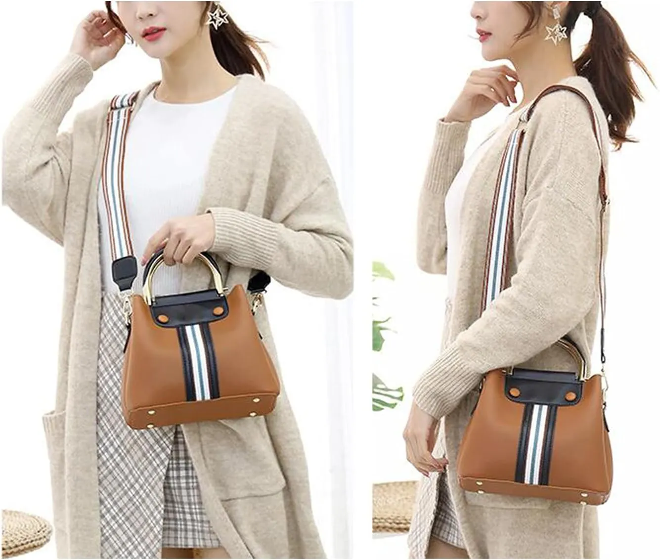 Synthetic PU Leather Tote for Women Satchel Crossbody Hobo Ribbon splicing 3pcs Handbags Shoulder Wallet Card Bag-Wine