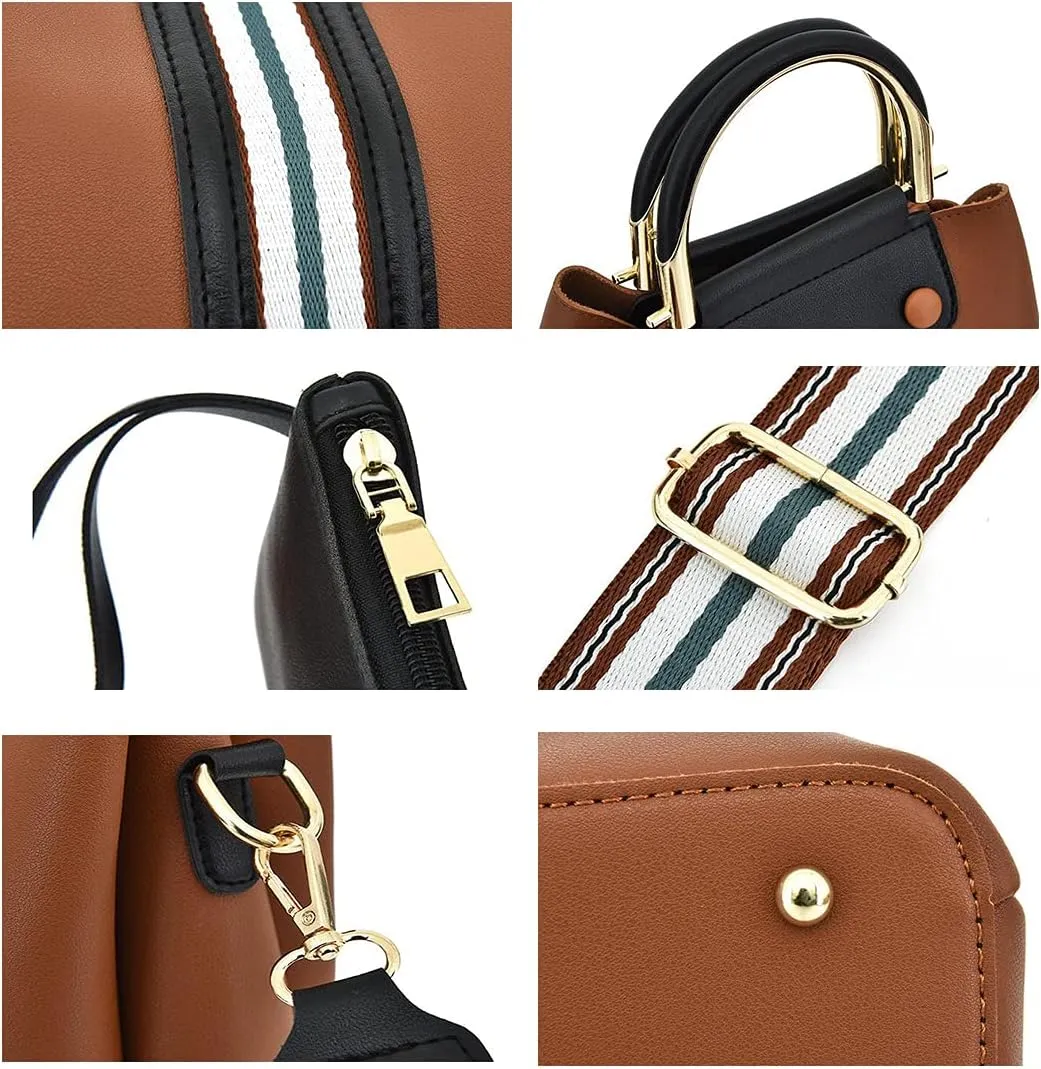 Synthetic PU Leather Tote for Women Satchel Crossbody Hobo Ribbon splicing 3pcs Handbags Shoulder Wallet Card Bag-Wine
