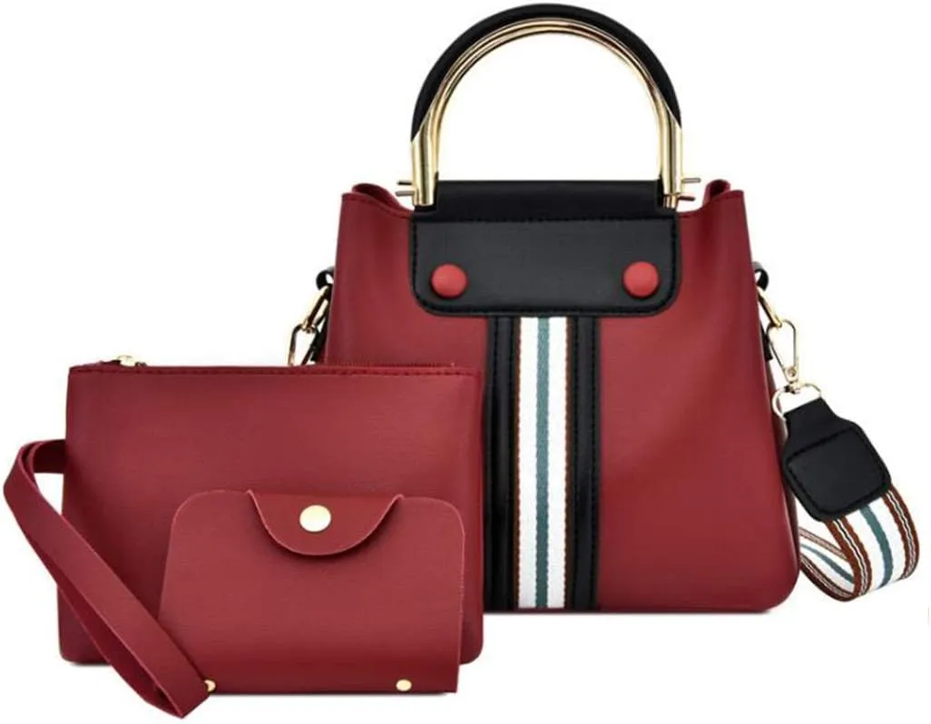 Synthetic PU Leather Tote for Women Satchel Crossbody Hobo Ribbon splicing 3pcs Handbags Shoulder Wallet Card Bag-Wine