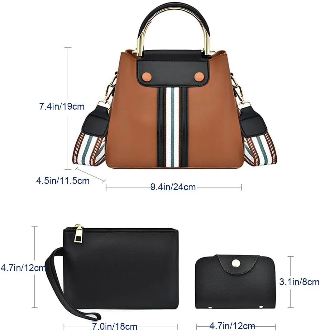 Synthetic PU Leather Tote for Women Satchel Crossbody Hobo Ribbon splicing 3pcs Handbags Shoulder Wallet Card Bag-Wine