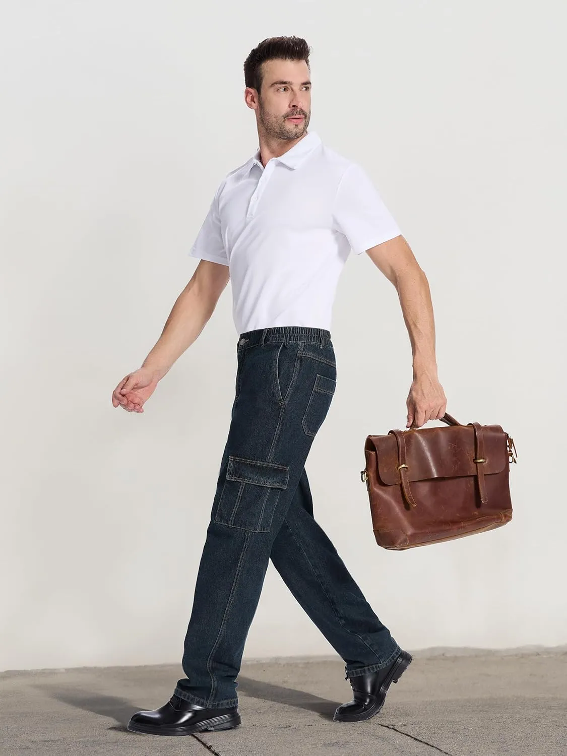 Tapata Men's Relaxed Fit Cargo Jeans Elastic Waist 6 Pockets Straight Leg Work Utility Pants