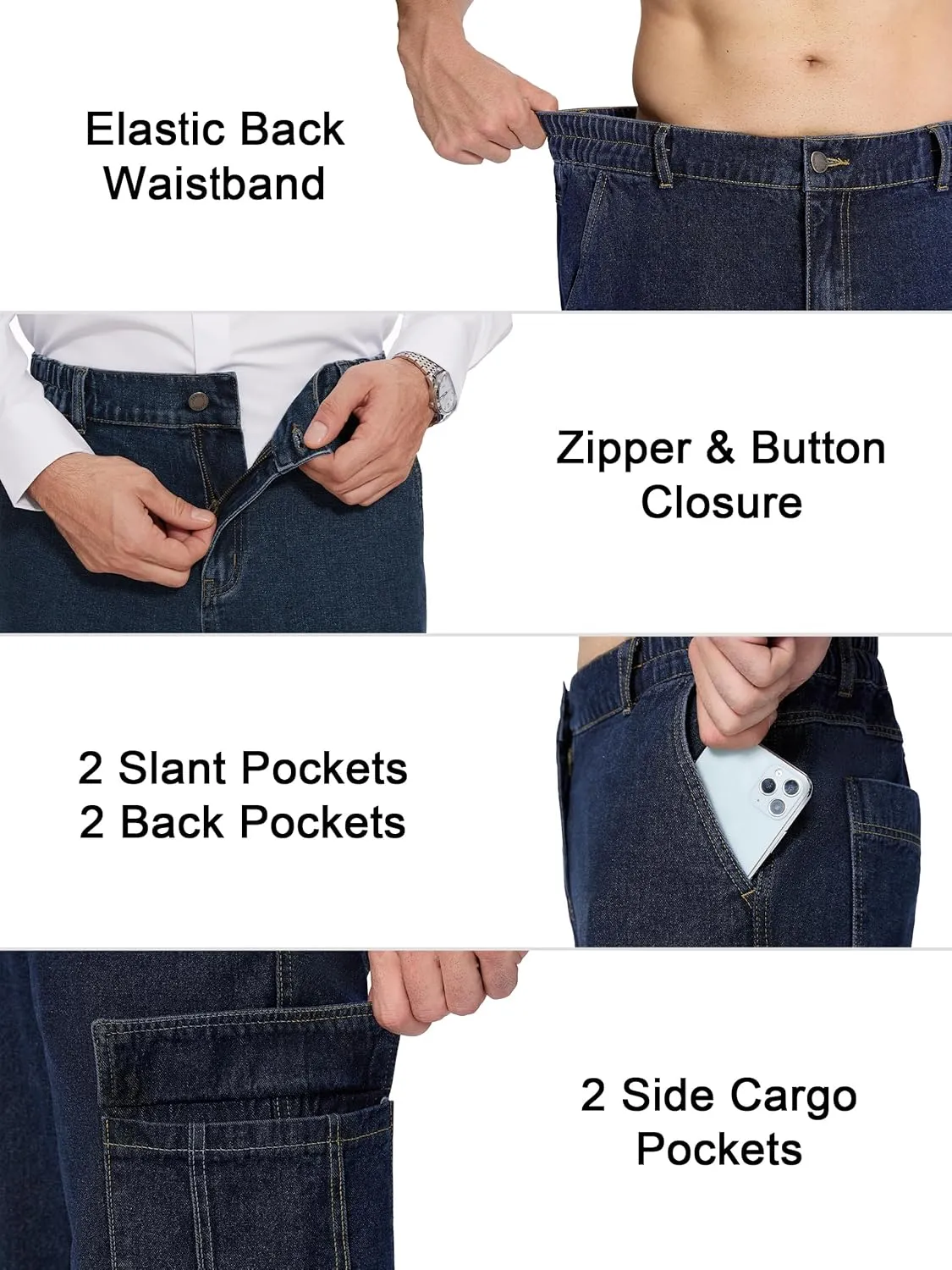 Tapata Men's Relaxed Fit Cargo Jeans Elastic Waist 6 Pockets Straight Leg Work Utility Pants