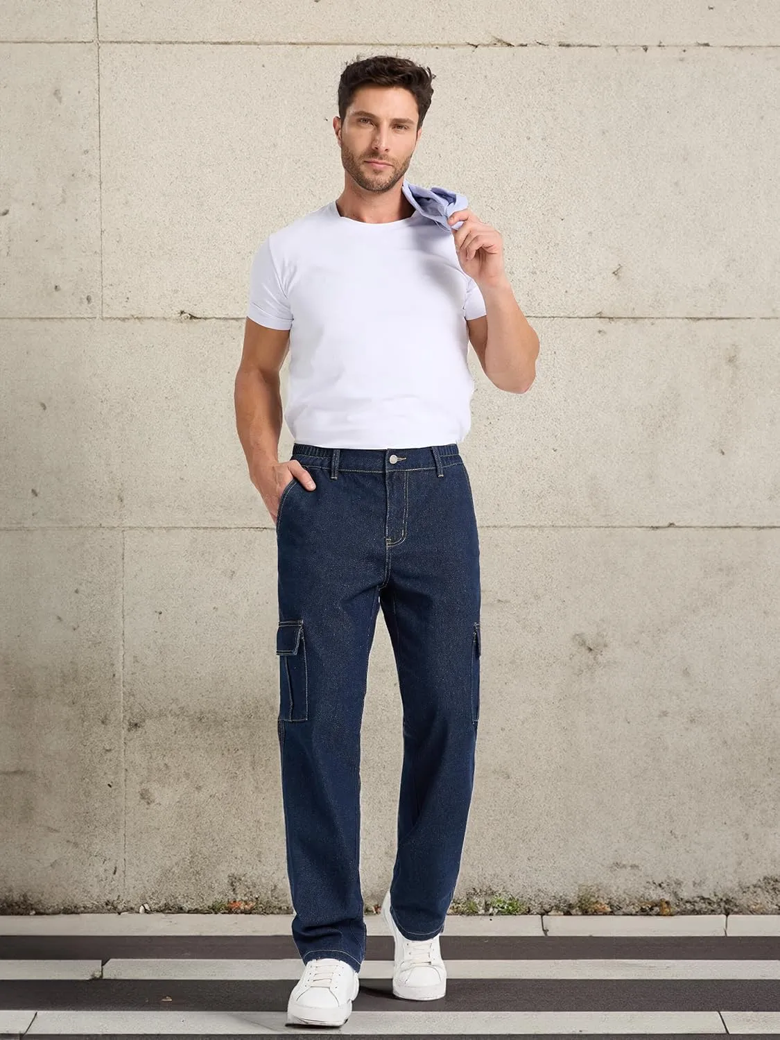 Tapata Men's Relaxed Fit Cargo Jeans Elastic Waist 6 Pockets Straight Leg Work Utility Pants
