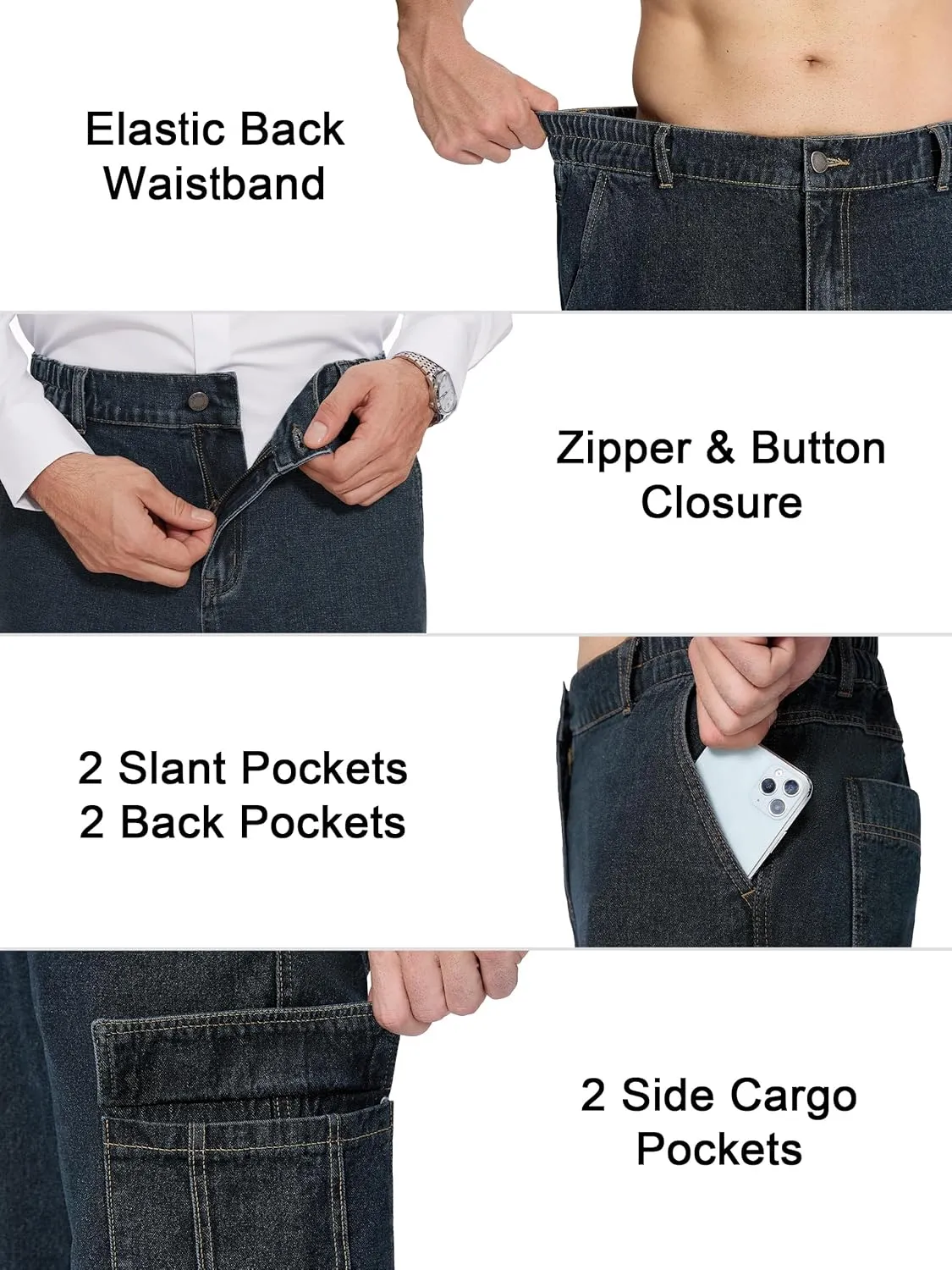 Tapata Men's Relaxed Fit Cargo Jeans Elastic Waist 6 Pockets Straight Leg Work Utility Pants