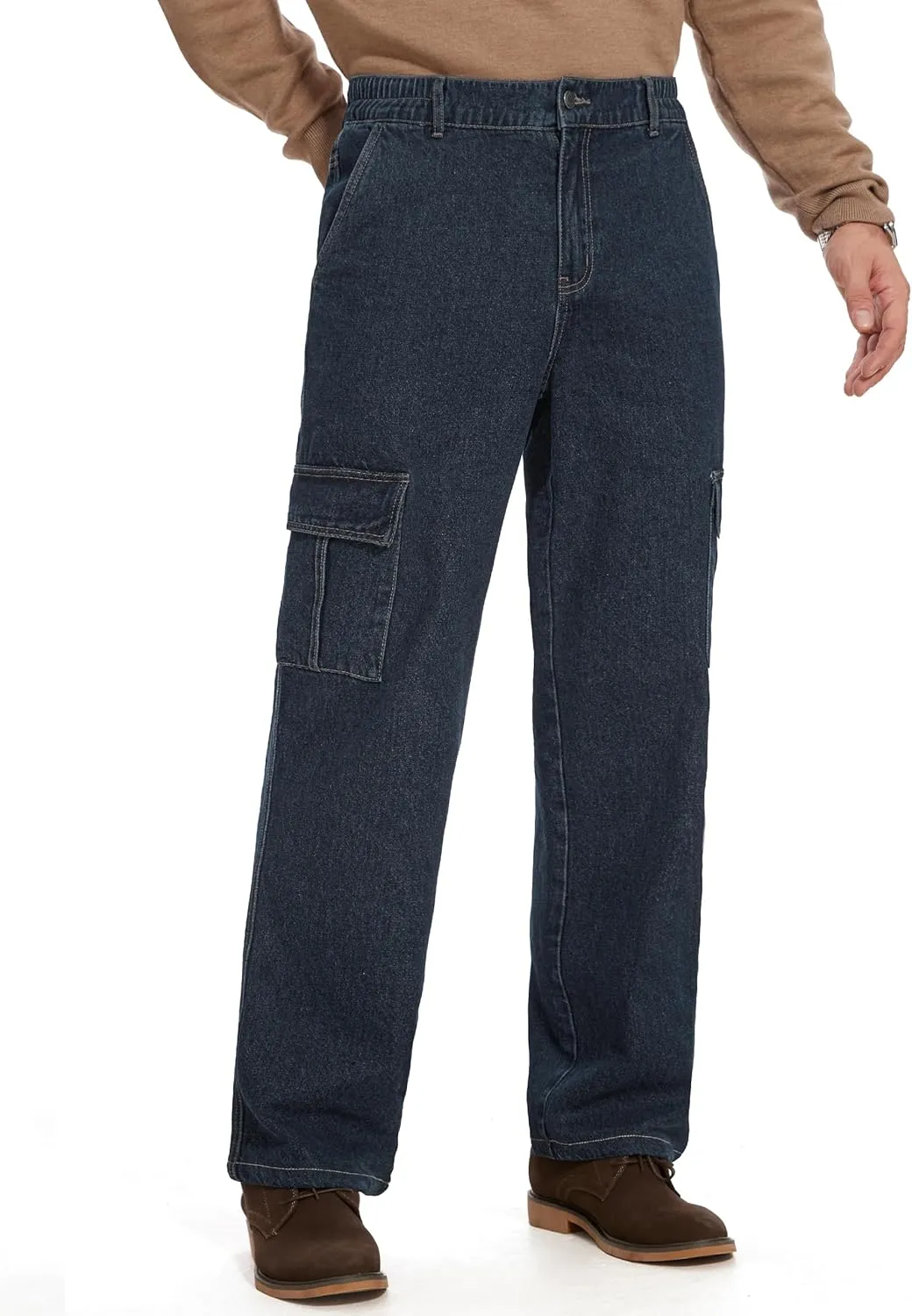 Tapata Men's Relaxed Fit Cargo Jeans Elastic Waist 6 Pockets Straight Leg Work Utility Pants