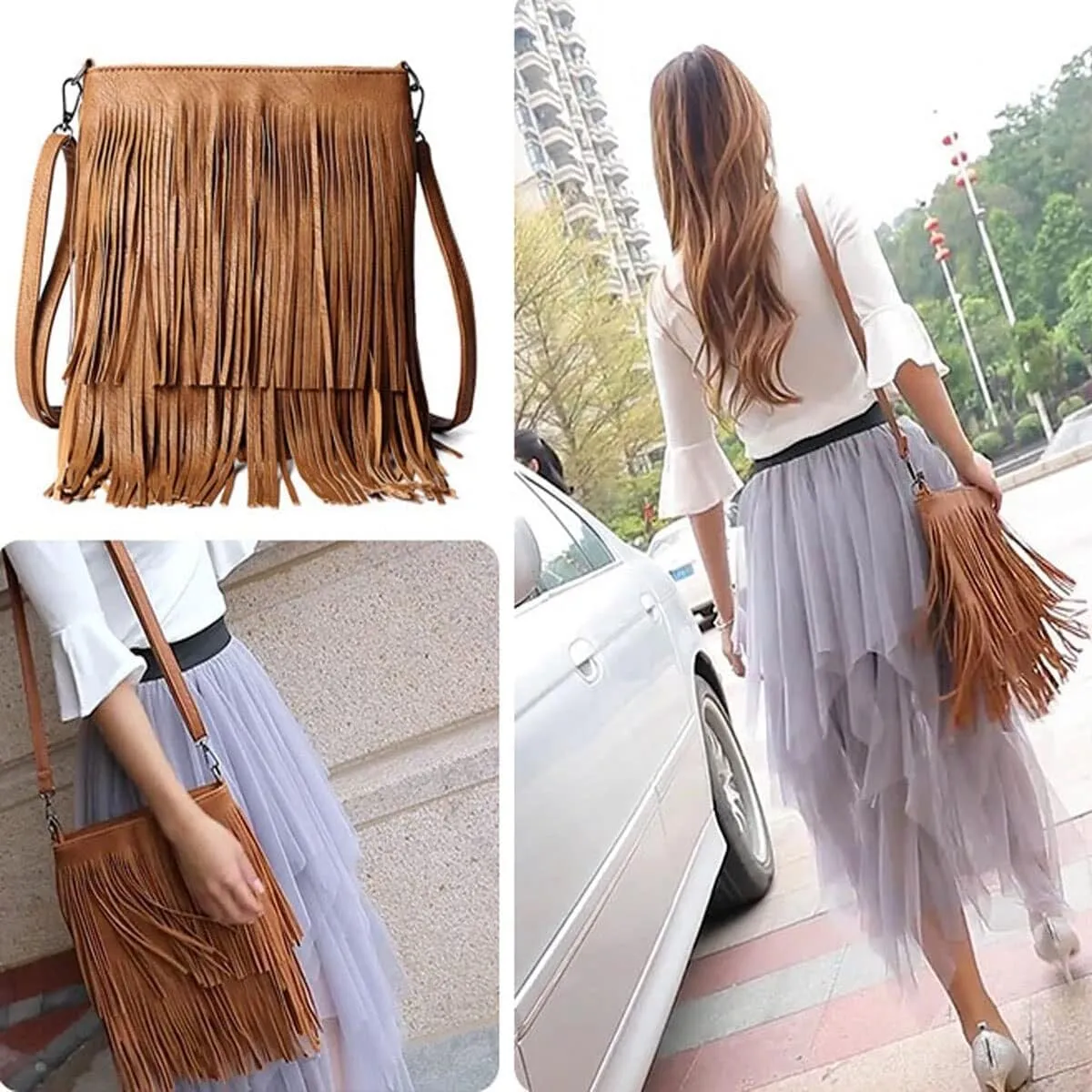 Tassel Shoulder Bags Women's PU Leather Crossbody Bag Satchel Fashion Top-Handle Bags Zipper Hobo Bag Handbag Purse