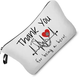 Thank You For Being A Hero Makeup Bag Organizer Zipper Pouch Inspirational ECG Pattern Cosmetic Bag Appreciation Present for Nurse Doctor Surgeon Dentists Women